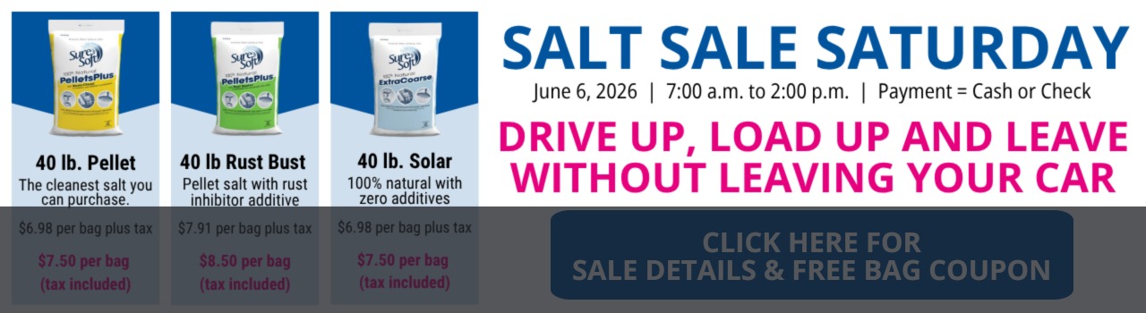 Salt Sale Saturday banner with three 40 lb bags, bold blue title, pink drive-up message, and a dark blue button reading 'Click here for sale details & free bag coupon'.