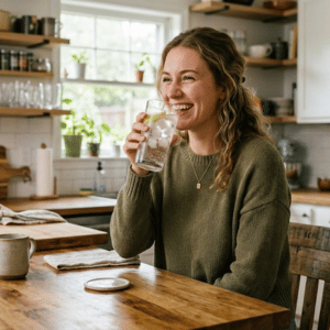 A smiling woman drinking a glass of water with clear ice cubes